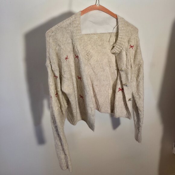 Jessica Simpson Cream Bow Embellished Butons Cardigan Sweater, Size M - Picture 1 of 3